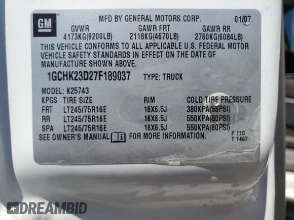 ✅ 2007 Chevrolet Silverado 2500HD LT3 • VIN: 1GCHK23D27F189037 • Lot: 63225345. Listed on Copart with 111,704 mi. Free auction sales archive from the USA and detailed vehicle history report at DreamBid. Image 13.