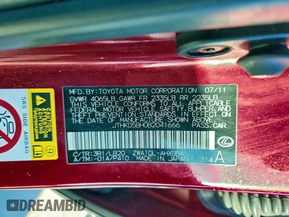 ✅ 2011 Lexus CT 200h • VIN: JTHKD5BH0B2041666 • Lot: 95909005. Listed on Copart with 192,145 mi. Free auction sales archive from the USA and detailed vehicle history report at DreamBid. Image 12.