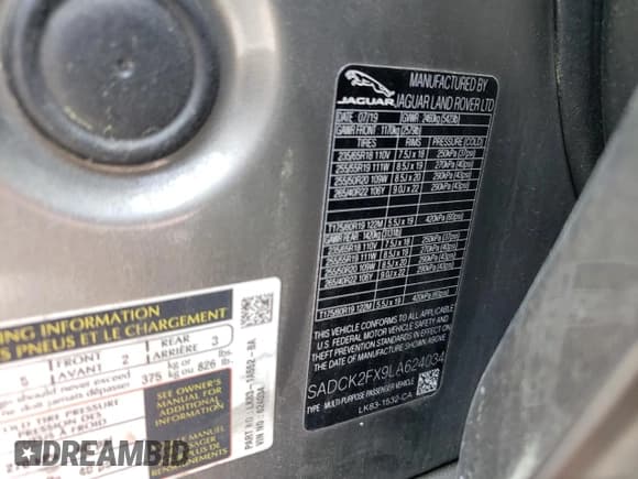 ✅ 2020 Jaguar F-Pace 25t Prestige • VIN: SADCK2FX9LA624034 • Lot: 54059335. Wystawiony na Copart z przebiegiem 88 739 mil. Bezpłatny archiwum sprzedaży aukcyjnych z USA i szczegółowy raport historii pojazdu na DreamBid. Zdjęcie 13.