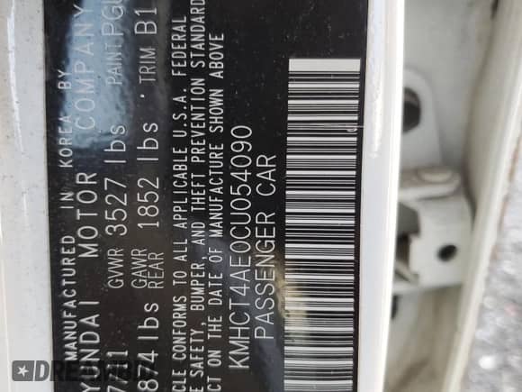 2012 Hyundai Accent GLS with VIN KMHCT4AE0CU054090, listed as a Copart auction lot 59902645 with 64,254 mi miles and Non repairable. Bid and sale history available at DreamBid. Image 12.