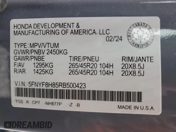 ✅ 2024 Honda Passport Black Edition • VIN: 5FNYF8H85RB500423 • Lot: 67436455. Listed on Copart with 32,844 mi. Free auction sales archive from the USA and detailed vehicle history report at DreamBid. Image 13.
