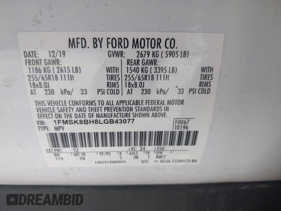 ✅ 2020 Ford Explorer • VIN: 1FMSK8BH8LGB43077 • Lot: 42656280. Listed on IAAI with 57,162 mi. Free auction sales archive from the USA and detailed vehicle history report at DreamBid. Image 9.