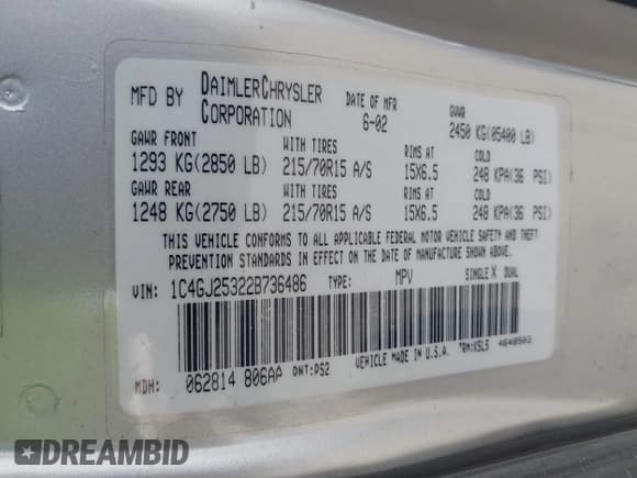 ✅ 2002 Chrysler Voyager • VIN: 1C4GJ25322B736486 • Lot: 42036575. Listed on IAAI with 109,193 mi. Free auction sales archive from the USA and detailed vehicle history report at DreamBid. Image 9.