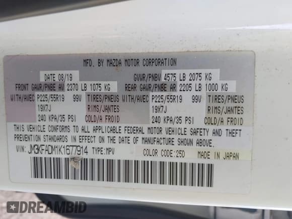 ✅ 2019 Mazda CX-5 Grand Touring • VIN: JM3KFADM1K1677914 • Лот: 43627333. Опубликован ранее на IAAI с пробегом 109 565 миль. Бесплатный доступ к архиву аукционных продаж из США и подробный отчёт об истории автомобиля на DreamBid. Изображение 9.