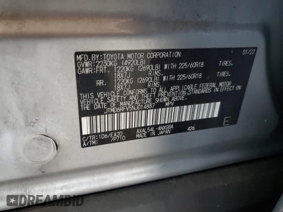 ✅ 2022 Toyota RAV4 Hybrid Limited • VIN: JTMD6RFV5NJ014887 • Lot: 80272175. Listed on Copart with 80,114 mi. Free auction sales archive from the USA and detailed vehicle history report at DreamBid. Image 13.