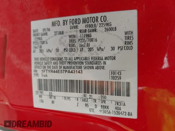 ✅ 2007 Ford Ranger STX • VIN: 1FTYR44E57PA43143 • Lot: 41867669. Listed on IAAI with 566,946 mi. Free auction sales archive from the USA and detailed vehicle history report at DreamBid. Image 9.