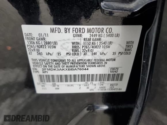 ✅ 2011 Ford Edge Sport • VIN: 2FMDK3AKXBBA76044 • Lot: 57052305. Listed on Copart with 162,470 mi. Free auction sales archive from the USA and detailed vehicle history report at DreamBid. Image 12.