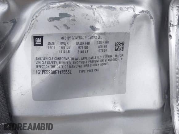 2014 Chevrolet Cruze 2LT with VIN 1G1PE5SB0E7135532, listed as a IAAI auction lot 43507178 with 100,363 mi miles and . Bid and sale history available at DreamBid. Image 9.