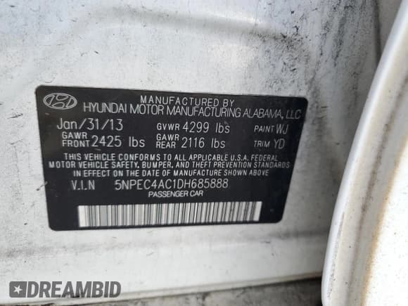 ✅ 2013 Hyundai Sonata SE • VIN: 5NPEC4AC1DH685888 • Lot: 65967454. Listed on Copart with 154,331 mi. Free auction sales archive from the USA and detailed vehicle history report at DreamBid. Image 13.