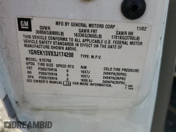 ✅ 2003 Chevrolet Tahoe LS • VIN: 1GNEK13VX3J174208 • Lot: 51758995. Listed on Copart with 217,966 mi. Free auction sales archive from the USA and detailed vehicle history report at DreamBid. Image 13.