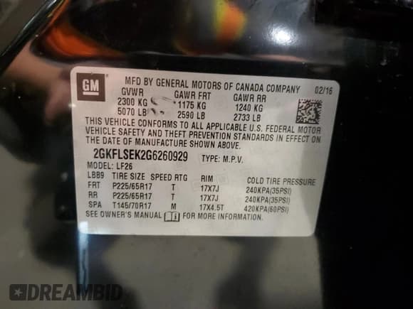 ✅ 2016 GMC Terrain SLE • VIN: 2GKFLSEK2G6260929 • Lot: 91556135. Listed on Copart with 124,420 mi. Free auction sales archive from the USA and detailed vehicle history report at DreamBid. Image 13.