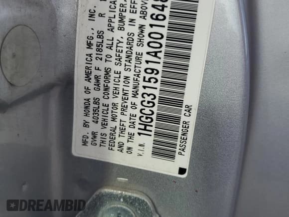 ✅ 2001 Honda Accord EX • VIN: 1HGCG31591A001648 • Lot: 76034144. Wystawiony na Copart z przebiegiem Nie podano. Bezpłatny archiwum sprzedaży aukcyjnych z USA i szczegółowy raport historii pojazdu na DreamBid. Zdjęcie 12.