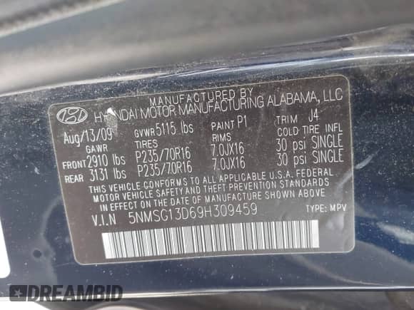 2009 Hyundai Santa Fe GLS with VIN 5NMSG13D69H309459, listed as a IAAI auction lot 43426782 with 206,555 mi miles and . Bid and sale history available at DreamBid. Image 9.