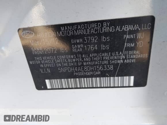 2013 Hyundai Elantra Limited with VIN 5NPDH4AE8DH156338, listed as a IAAI auction lot 43337019 with 106,770 mi miles and . Bid and sale history available at DreamBid. Image 9.