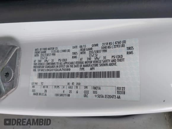 ✅ 2016 Ford Escape SE • VIN: 1FMCU9GX1GUA76589 • Лот: 42014929. Опубликован ранее на IAAI с пробегом 125 294 миль. Бесплатный доступ к архиву аукционных продаж из США и подробный отчёт об истории автомобиля на DreamBid. Изображение 9.