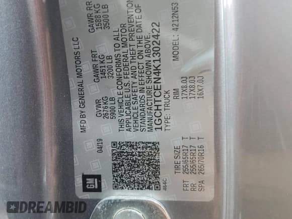 2019 Chevrolet Colorado 4WD LT z VIN 1GCHTCEN4K1302422, wystawiony jako Copart lot #66294785 z przebiegiem Nie podano mil oraz Szkoda całkowita • Salvage title. Historia ofert i sprzedaży dostępna na DreamBid. Obrazek 12.