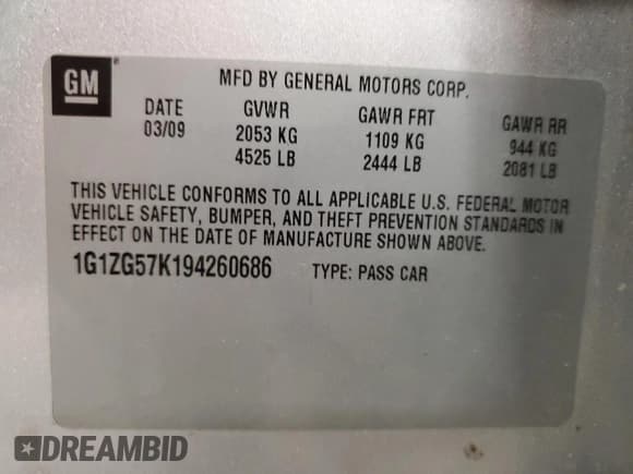 ✅ 2009 Chevrolet Malibu 1FL • VIN: 1G1ZG57K194260686 • Lot: 77916584. Listed on Copart with 185,128 mi. Free auction sales archive from the USA and detailed vehicle history report at DreamBid. Image 13.