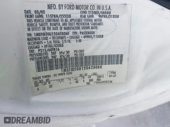 ✅ 2002 Mercury Sable GS • VIN: 1MEFM50U12G628060 • Lot: 42072436. Listed on IAAI with 139,336 mi. Free auction sales archive from the USA and detailed vehicle history report at DreamBid. Image 9.