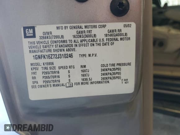 ✅ 2002 Chevrolet Suburban LT • VIN: 1GNFK16Z72J310246 • Lot: 79239554. Wystawiony na Copart z przebiegiem 224 978 mil. Bezpłatny archiwum sprzedaży aukcyjnych z USA i szczegółowy raport historii pojazdu na DreamBid. Zdjęcie 15.