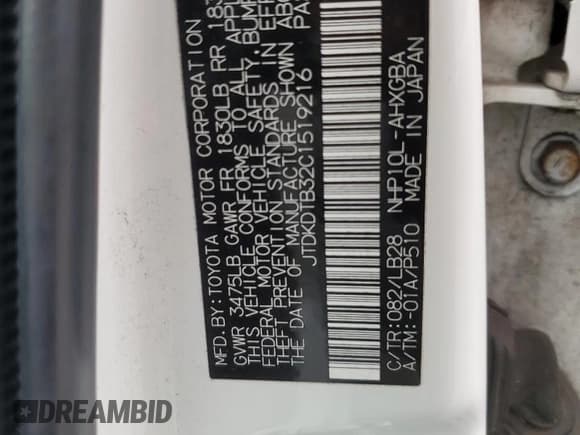 ✅ 2012 Toyota Prius One • VIN: JTDKDTB32C1519216 • Lot: 80751125. Listed on Copart with 110,174 mi. Free auction sales archive from the USA and detailed vehicle history report at DreamBid. Image 12.