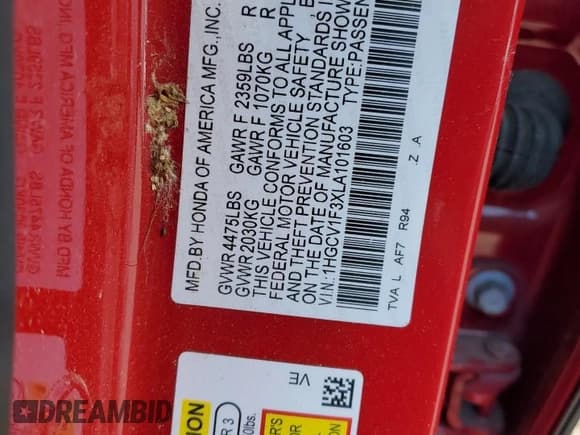 ✅ 2020 Honda Accord Sport • VIN: 1HGCV1F3XLA101603 • Lot: 57242335. Wystawiony na Copart z przebiegiem 59 847 mil. Bezpłatny archiwum sprzedaży aukcyjnych z USA i szczegółowy raport historii pojazdu na DreamBid. Zdjęcie 12.