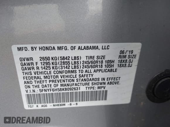 ✅ 2019 Honda Pilot EX-L • VIN: 5FNYF6H58KB092631 • Lot: 43802060. Listed on IAAI with 45,806 mi. Free auction sales archive from the USA and detailed vehicle history report at DreamBid. Image 9.