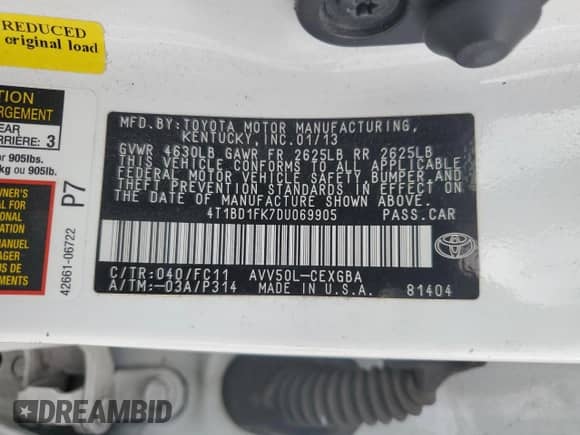 2013 Toyota Camry LE с VIN 4T1BD1FK7DU069905, выставлен на аукционе Copart как лот 89667625 с пробегом 258 809 миль миль и Списание • Salvage title. История ставок и продаж доступна на DreamBid. Изображение 12.