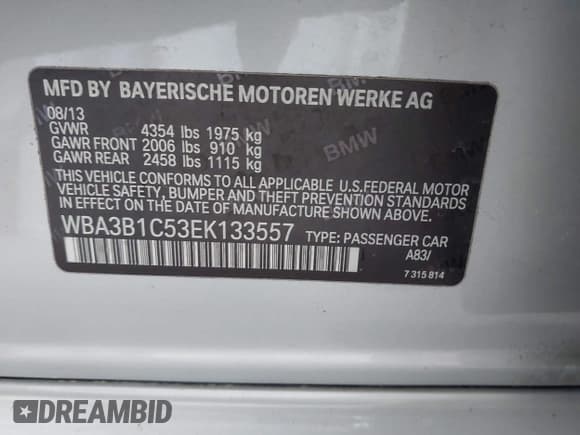 ✅ 2014 BMW 3 Series 320i • VIN: WBA3B1C53EK133557 • Lot: 43502867. Listed on IAAI with 172,220 mi. Free auction sales archive from the USA and detailed vehicle history report at DreamBid. Image 9.