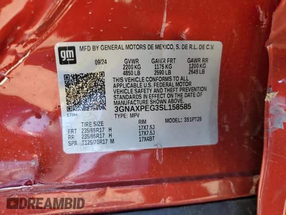 2025 Chevrolet Equinox AWD LT с VIN 3GNAXPEG3SL158585, выставлен на аукционе Copart как лот 52914765 с пробегом 5 478 миль миль и Списание • Salvage title. История ставок и продаж доступна на DreamBid. Изображение 14.