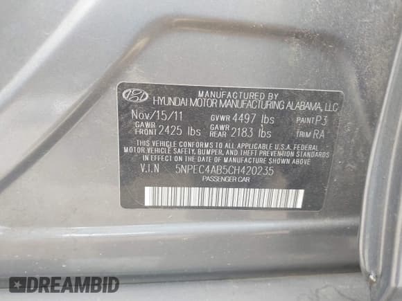 ✅ 2012 Hyundai Sonata 2.0T Limited w/Wine Int • VIN: 5NPEC4AB5CH420235 • Lot: 43513552. Listed on IAAI with 61,782 mi. Free auction sales archive from the USA and detailed vehicle history report at DreamBid. Image 7.