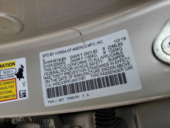 2018 Honda Accord Touring с VIN 1HGCV3F91JA017067, выставлен на аукционе Copart как лот 70592285 с пробегом 70 148 миль миль и Списание • Salvage title. История ставок и продаж доступна на DreamBid. Изображение 12.