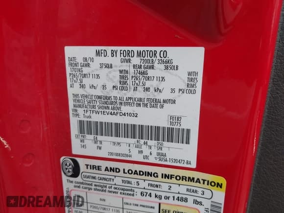 ✅ 2010 Ford F-150 XL • VIN: 1FTFW1EV4AFD41032 • Lot: 42314789. Listed on IAAI with 128,063 mi. Free auction sales archive from the USA and detailed vehicle history report at DreamBid. Image 9.
