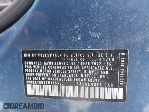 ✅ 2019 Volkswagen Jetta S • VIN: 3VWC57BU1KM155550 • Lot: 41311235. Listed on IAAI with 140,428 mi. Free auction sales archive from the USA and detailed vehicle history report at DreamBid. Image 9.