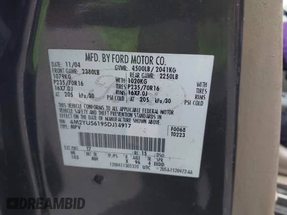 2005 Mercury Mariner Luxury z VIN 4M2YU56195DJ14917, wystawiony jako IAAI lot #41538962 z przebiegiem 210 486 mil mil oraz . Historia ofert i sprzedaży dostępna na DreamBid. Obrazek 9.