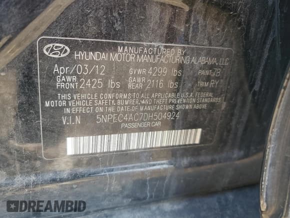 ✅ 2013 Hyundai Sonata Limited • VIN: 5NPEC4AC7DH504924 • Lot: 54246895. Listed on Copart with 168,569 mi. Free auction sales archive from the USA and detailed vehicle history report at DreamBid. Image 12.