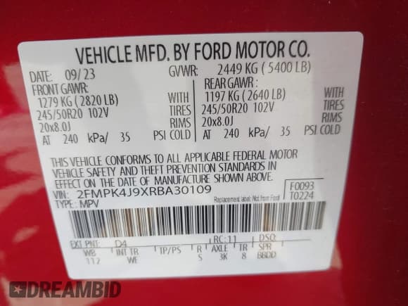 ✅ 2024 Ford Edge SEL • VIN: 2FMPK4J9XRBA30109 • Lot: 42326221. Listed on IAAI with 13,741 mi. Free auction sales archive from the USA and detailed vehicle history report at DreamBid. Image 9.