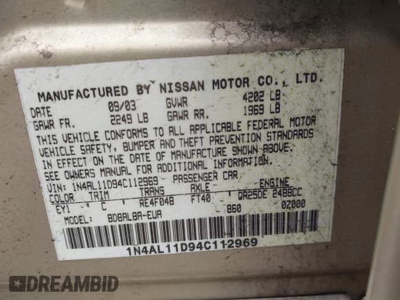 ✅ 2004 Nissan Altima S • VIN: 1N4AL11D94C112969 • Лот: 42514000. Опубликован ранее на IAAI с пробегом Не указан. Бесплатный доступ к архиву аукционных продаж из США и подробный отчёт об истории автомобиля на DreamBid. Изображение 9.