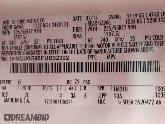 ✅ 2015 Ford Escape SE • VIN: 1FMCU0G96FUB32392 • Lot: 43650010. Wystawiony na IAAI z przebiegiem 161 270 mil. Bezpłatny archiwum sprzedaży aukcyjnych z USA i szczegółowy raport historii pojazdu na DreamBid. Zdjęcie 9.