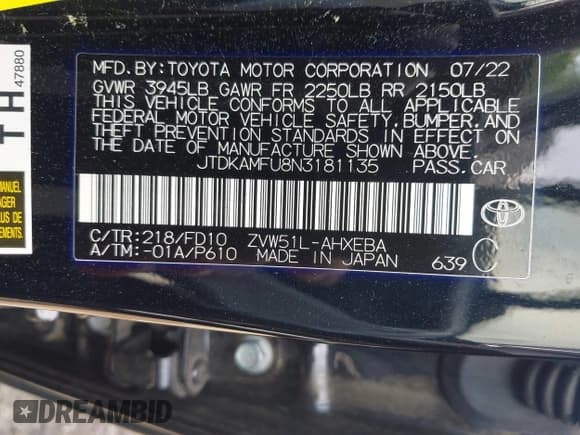 ✅ 2022 Toyota Prius L Eco • VIN: JTDKAMFU8N3181135 • Lot: 42098611. Listed on IAAI with 69,949 mi. Free auction sales archive from the USA and detailed vehicle history report at DreamBid. Image 9.