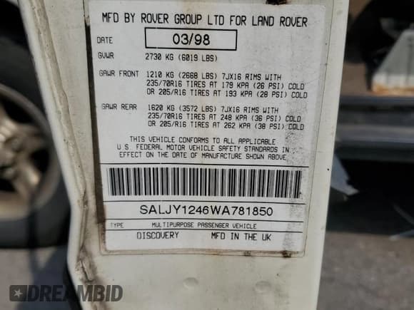✅ 1998 Land Rover Discovery SD • VIN: SALJY1246WA781850 • Lot: 69113644. Wystawiony na Copart z przebiegiem 58 468 mil. Bezpłatny archiwum sprzedaży aukcyjnych z USA i szczegółowy raport historii pojazdu na DreamBid. Zdjęcie 13.