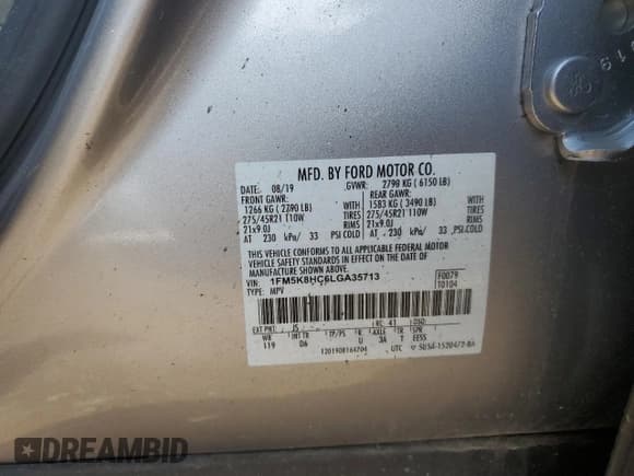 ✅ 2020 Ford Explorer Platinum • VIN: 1FM5K8HC6LGA35713 • Lot: 54170385. Wystawiony na Copart z przebiegiem 60 105 mil. Bezpłatny archiwum sprzedaży aukcyjnych z USA i szczegółowy raport historii pojazdu na DreamBid. Zdjęcie 12.