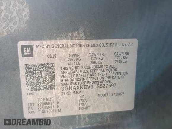 2020 Chevrolet Equinox LT z VIN 3GNAXKEV3LS527597, wystawiony jako Copart lot #82440605 z przebiegiem 159 377 mil mil oraz Szkoda całkowita • Salvage title. Historia ofert i sprzedaży dostępna na DreamBid. Obrazek 13.