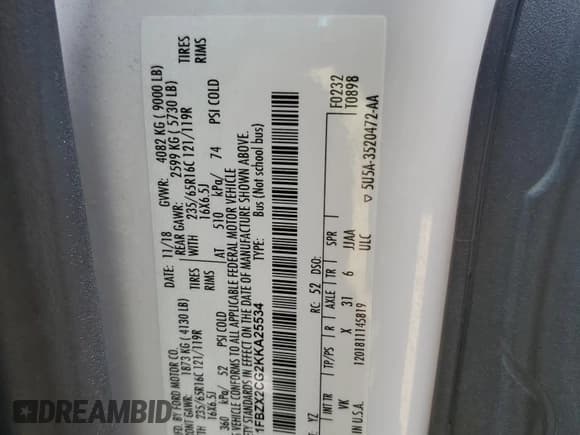 ✅ 2019 Ford Transit XL • VIN: 1FBZX2CG2KKA25534 • Lot: 65478505. Listed on Copart with 60,673 mi. Free auction sales archive from the USA and detailed vehicle history report at DreamBid. Image 13.