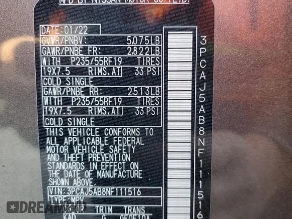 ✅ 2022 Infiniti QX50 Pure • VIN: 3PCAJ5AB8NF111516 • Lot: 84833324. Wystawiony na Copart z przebiegiem 70 844 mil. Bezpłatny archiwum sprzedaży aukcyjnych z USA i szczegółowy raport historii pojazdu na DreamBid. Zdjęcie 12.