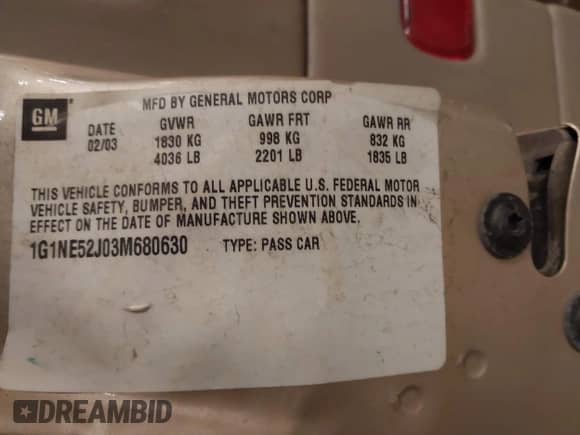 2003 Chevrolet Malibu LS z VIN 1G1NE52J03M680630, wystawiony jako IAAI lot #41585900 z przebiegiem 103 675 mil mil oraz . Historia ofert i sprzedaży dostępna na DreamBid. Obrazek 9.