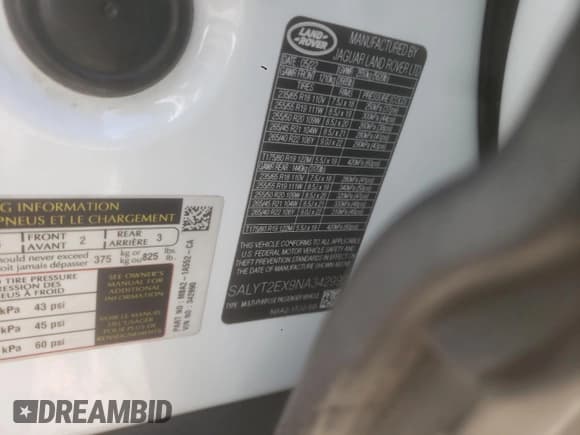 ✅ 2022 Land Rover Range Rover Velar R-Dynamic S • VIN: SALYT2EX9NA342990 • Лот: 90264975. Опубликован ранее на Copart с пробегом 106 402 миль. Бесплатный доступ к архиву аукционных продаж из США и подробный отчёт об истории автомобиля на DreamBid. Изображение 13.