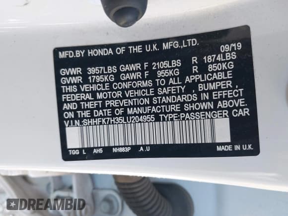 ✅ 2020 Honda Civic LX • VIN: SHHFK7H35LU204955 • Lot: 43595670. Listed on IAAI with 51,782 mi. Free auction sales archive from the USA and detailed vehicle history report at DreamBid. Image 9.