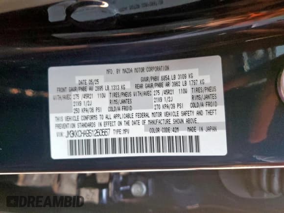 ✅ 2025 Mazda CX-90 Premium Sport • VIN: JM3KKCHA9S1250567 • Лот: 81470265. Опубликован ранее на Copart с пробегом 1 785 миль. Бесплатный доступ к архиву аукционных продаж из США и подробный отчёт об истории автомобиля на DreamBid. Изображение 13.