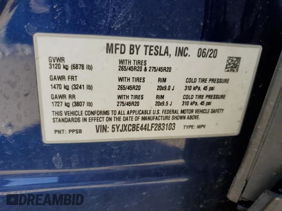 ✅ 2020 Tesla Model X Performance • VIN: 5YJXCBE44LF283103 • Lot: 46612005. Listed on Copart with Not provided. Free auction sales archive from the USA and detailed vehicle history report at DreamBid. Image 13.