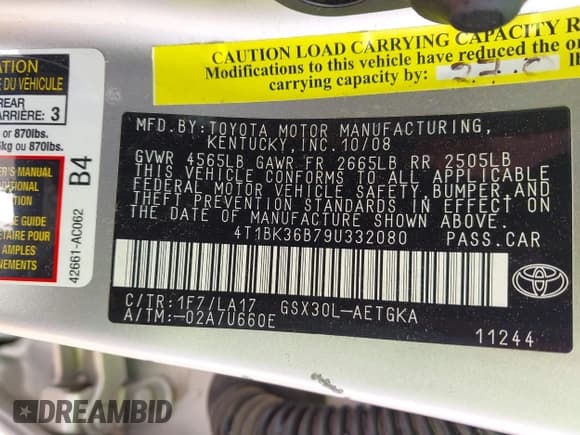 ✅ 2009 Toyota Avalon XL • VIN: 4T1BK36B79U332080 • Lot: 42777884. Listed on IAAI with 164,036 mi. Free auction sales archive from the USA and detailed vehicle history report at DreamBid. Image 9.